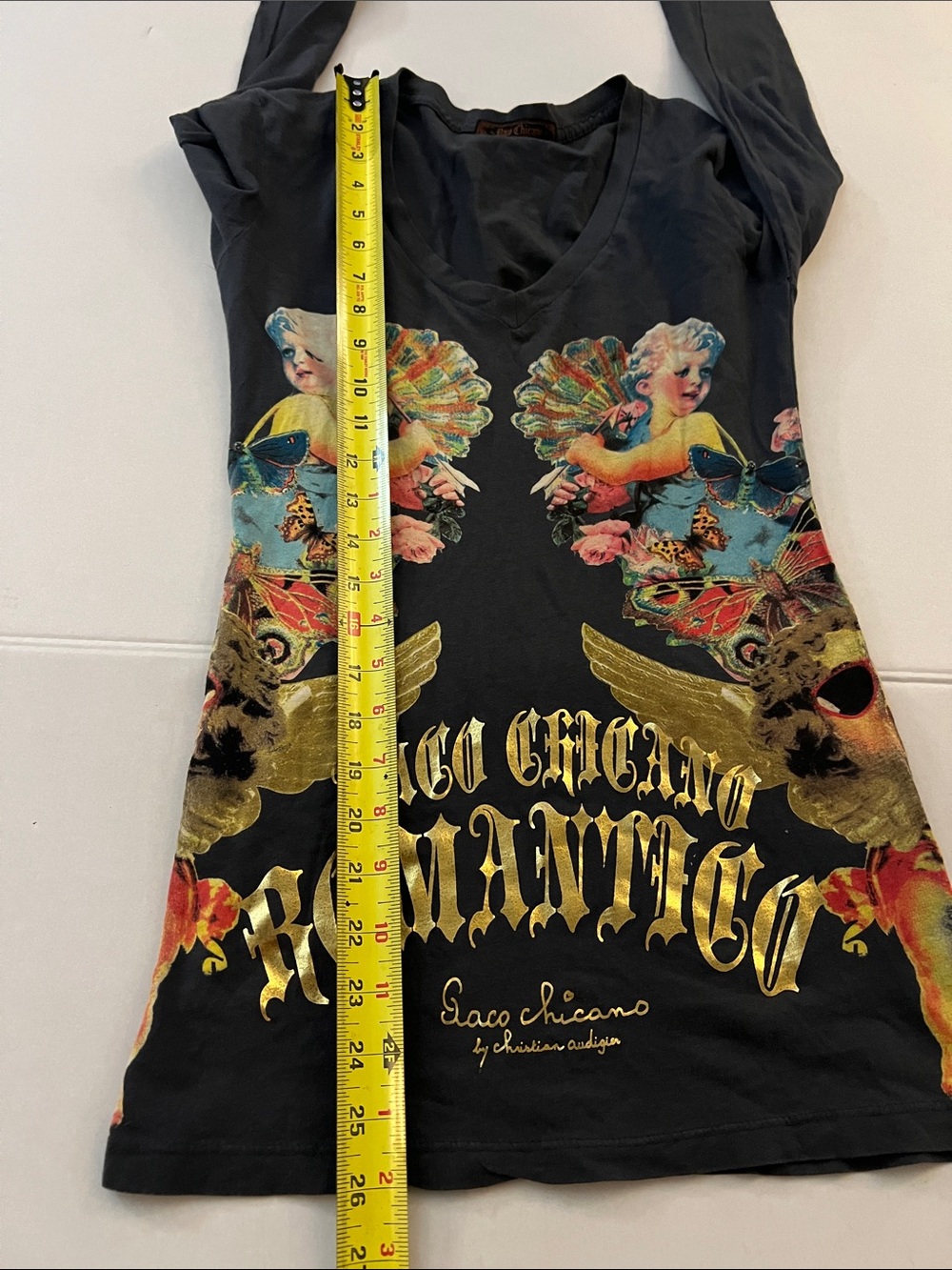 Vintage Y2K Christian Audigier Paco Chicano Black Cherub Cotton top Size XS - Picture 10 of 13